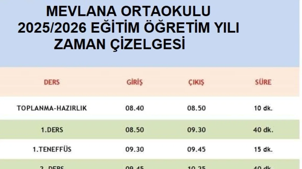 2025-2026 EĞİTİM-ÖĞRETİM YILI VAKİT ÇİZELGEMİZ