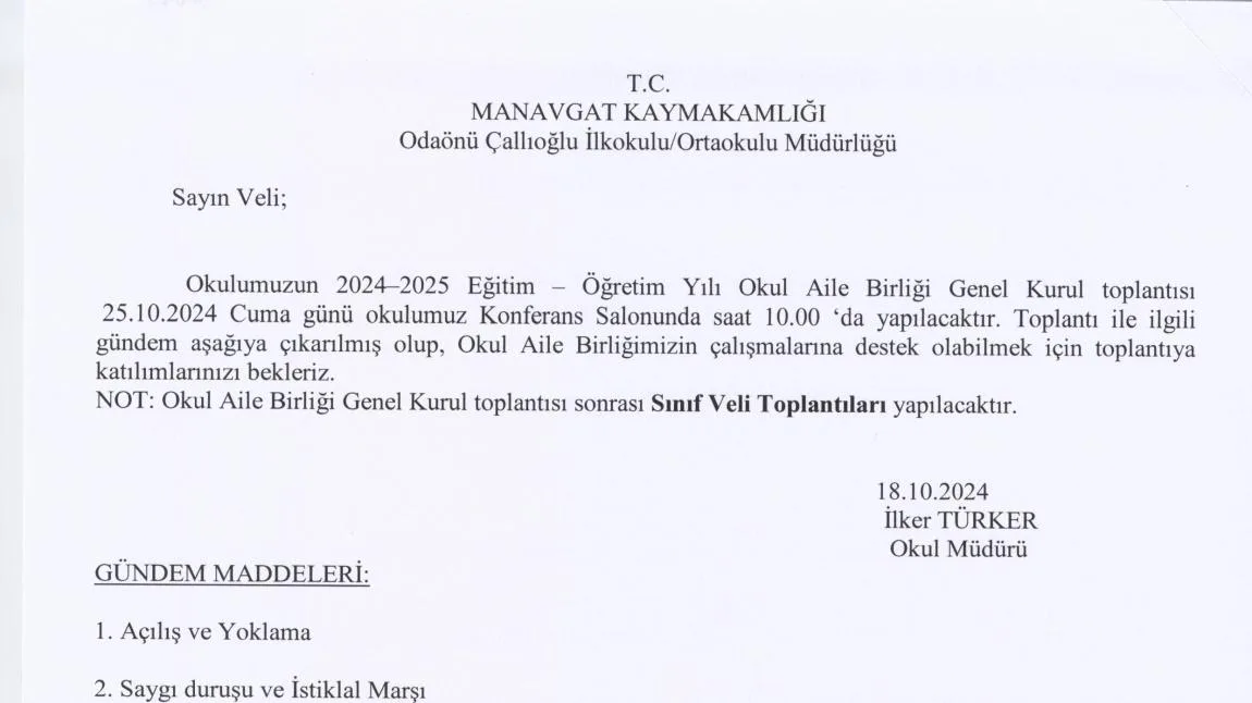 2024-2025 Eğitim-Öğretim Yılı Okul Aile Birliği Toplantı Tutanakları